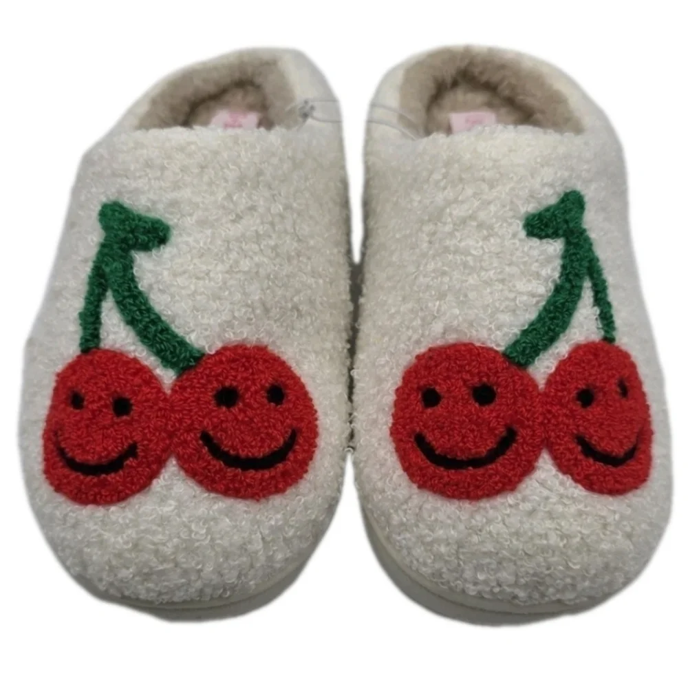 Smiley Face Plush Slippers Retro Soft Size 11 10 House Shoes Slip Ons Cherries